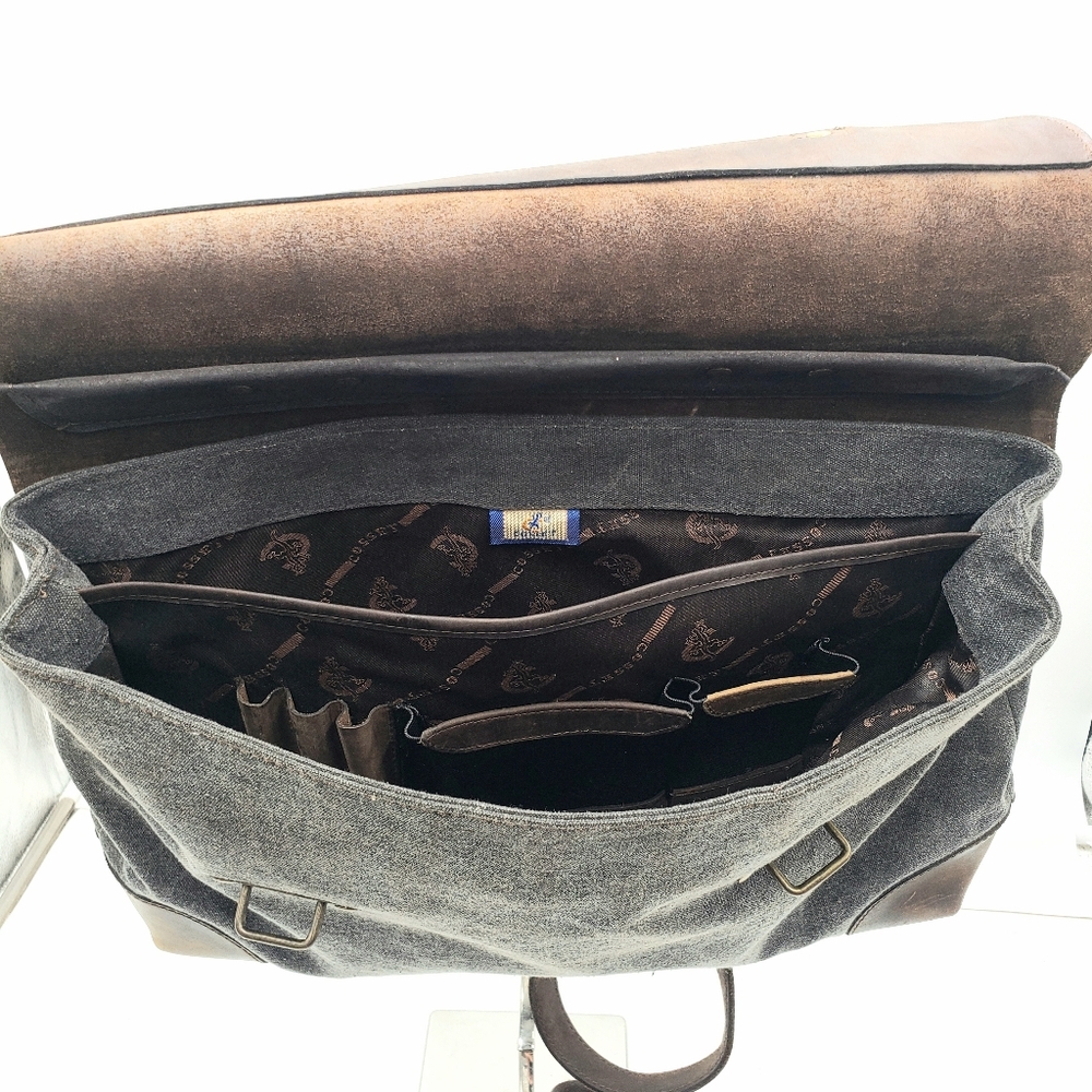 Cosset Calf Leather Canvas Messenger Bag Mens Womens Brown Grey Unisex Studded - Picture 4 of 16